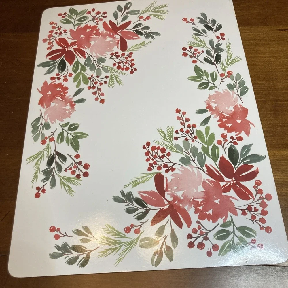 Set Of 4 KAF Holiday Holly Cork Backed Placemats Red Poinsettias Watercolor Look